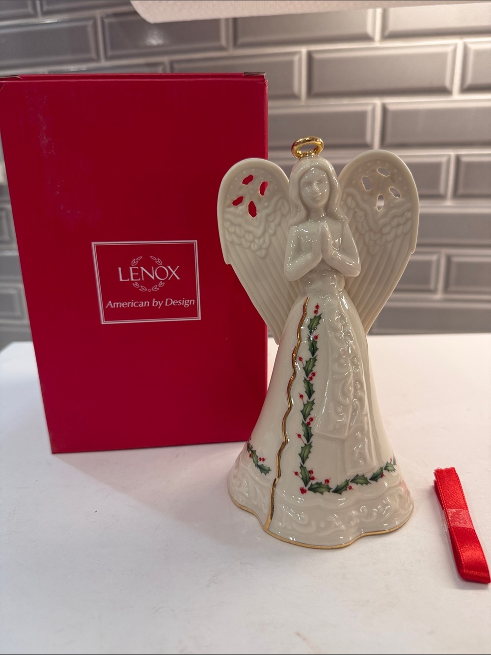 Lenox White Holiday Angel Figurine Bell with Gold Trim